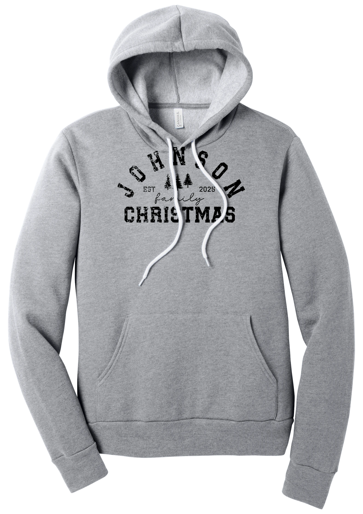 Personalized Family Christmas hoodie in Athletic Heather, featuring an arched family name over pine trees with EST. year and family Christmas lettering