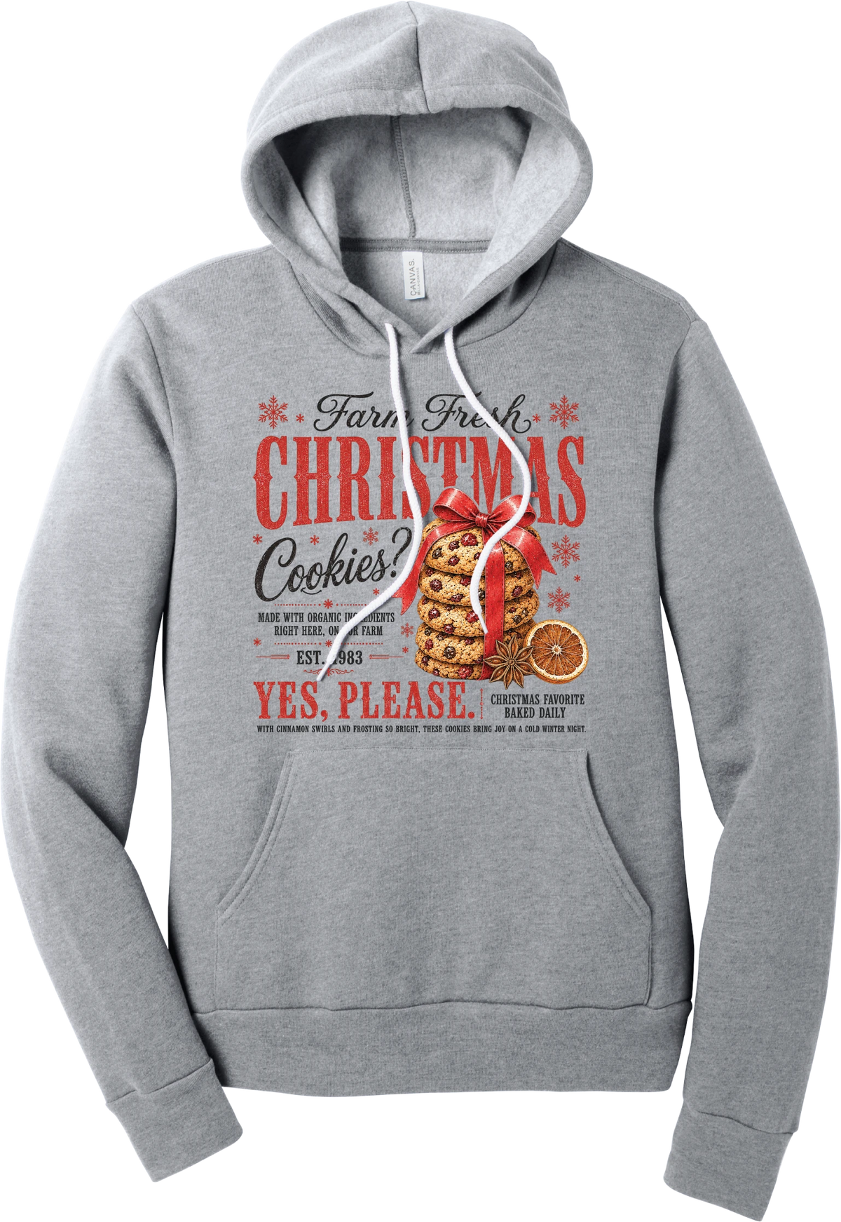 Farm Fresh Christmas Cookies hoodie in Athletic Heather, featuring a vintage farmhouse bakery sign with a stack of Christmas cookies tied in a red bow, a dried orange slice, and red and black lettering