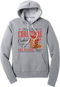 Farm Fresh Christmas Cookies hoodie in Athletic Heather, featuring a vintage farmhouse bakery sign with a stack of Christmas cookies tied in a red bow, a dried orange slice, and red and black lettering