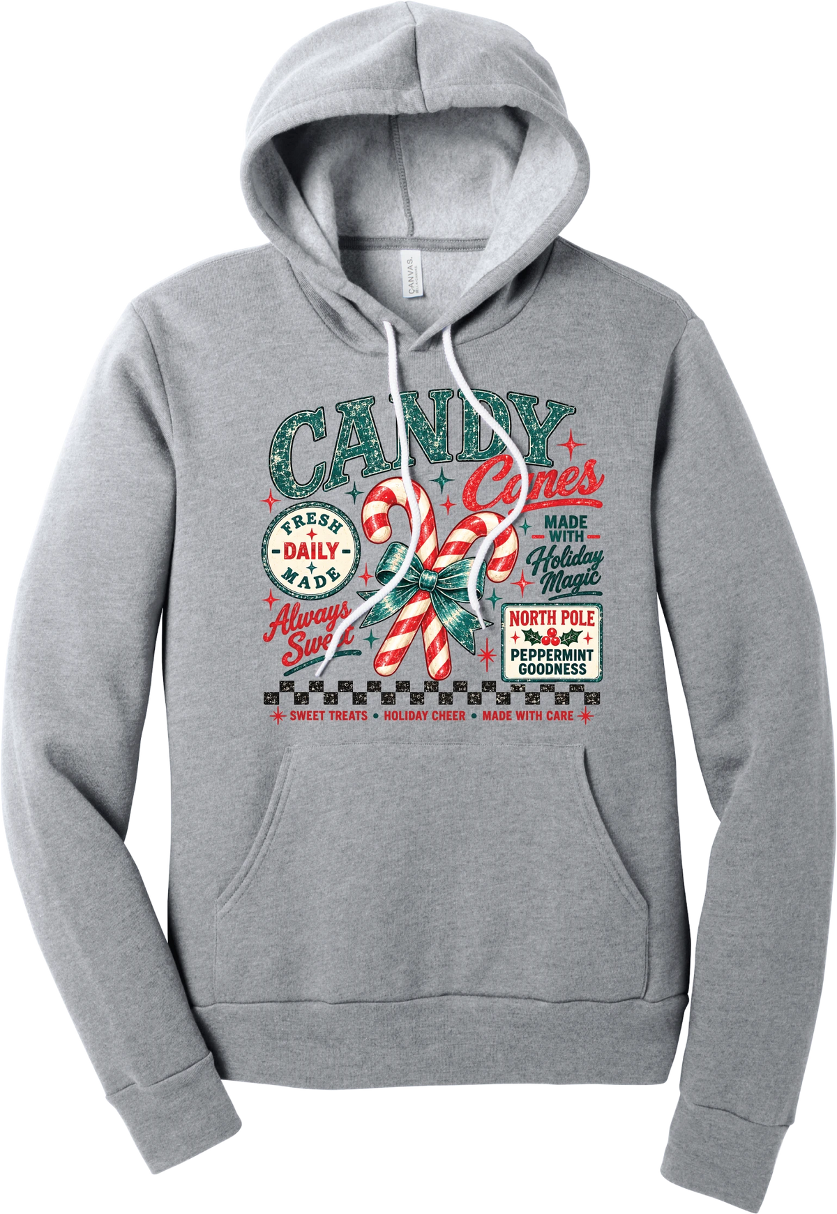 Fresh Candy Canes hoodie in Athletic Heather, featuring vintage candy shop lettering with two striped candy canes tied in a green bow, a North Pole Peppermint Goodness sign, and a checkerboard stripe