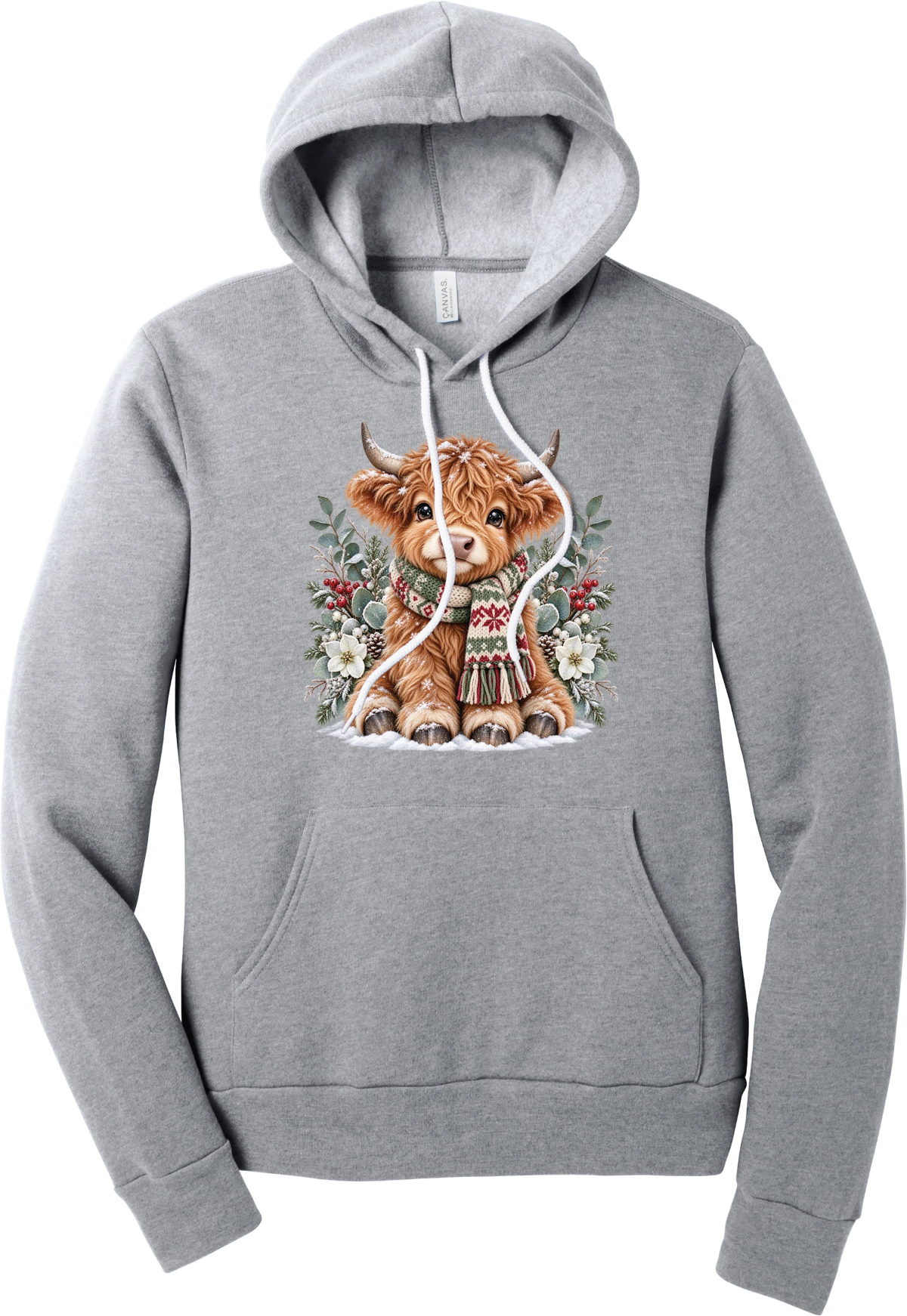 Highland Holidays hoodie in Athletic Heather, featuring a fluffy baby Highland cow in a Fair Isle knit scarf, surrounded by frosted eucalyptus, pine, red berries, and white Christmas roses