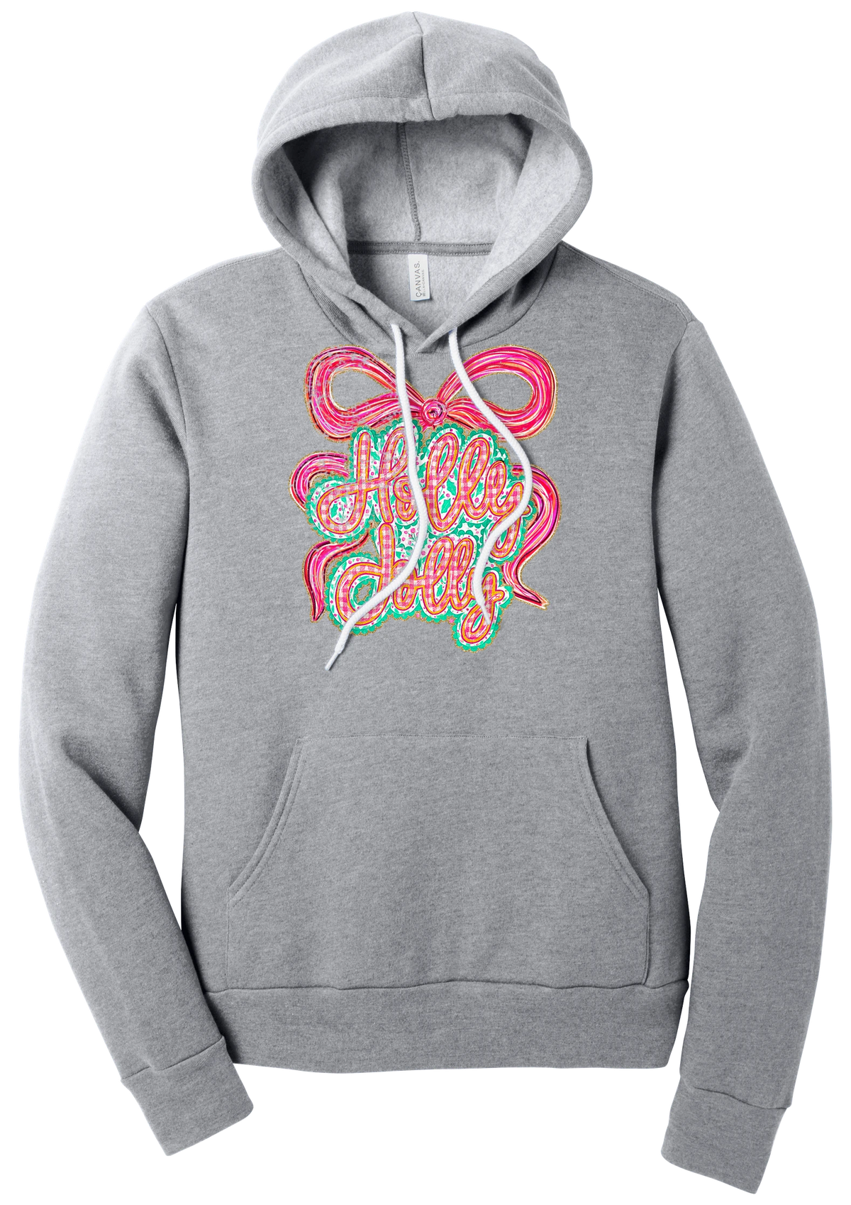Holly Jolly Bow Script hoodie in Athletic Heather, featuring pink gingham Holly Jolly script on a teal badge framed by a big pink bow