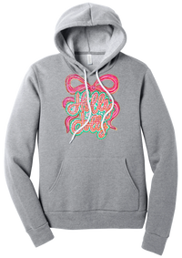 Holly Jolly Bow Script hoodie in Athletic Heather, featuring pink gingham Holly Jolly script on a teal badge framed by a big pink bow
