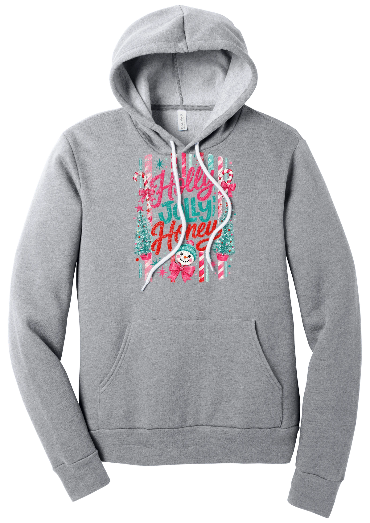 Holly Jolly Honey hoodie in Athletic Heather, featuring red and teal Holly Jolly Honey script with candy cane stripes, bottle brush trees, and a snowman