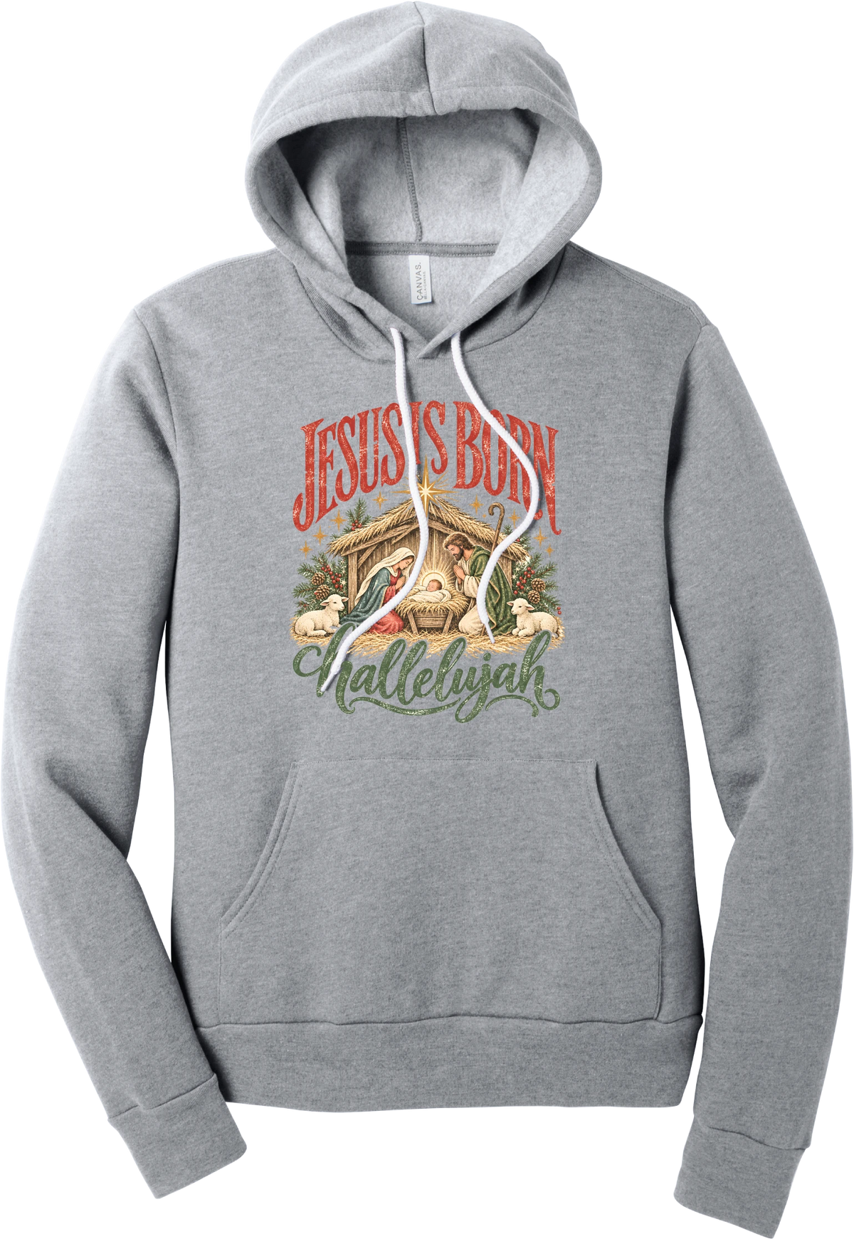 Jesus Is Born Hallelujah hoodie in Athletic Heather, featuring a vintage nativity scene under a golden star with Jesus Is Born lettering and Hallelujah script