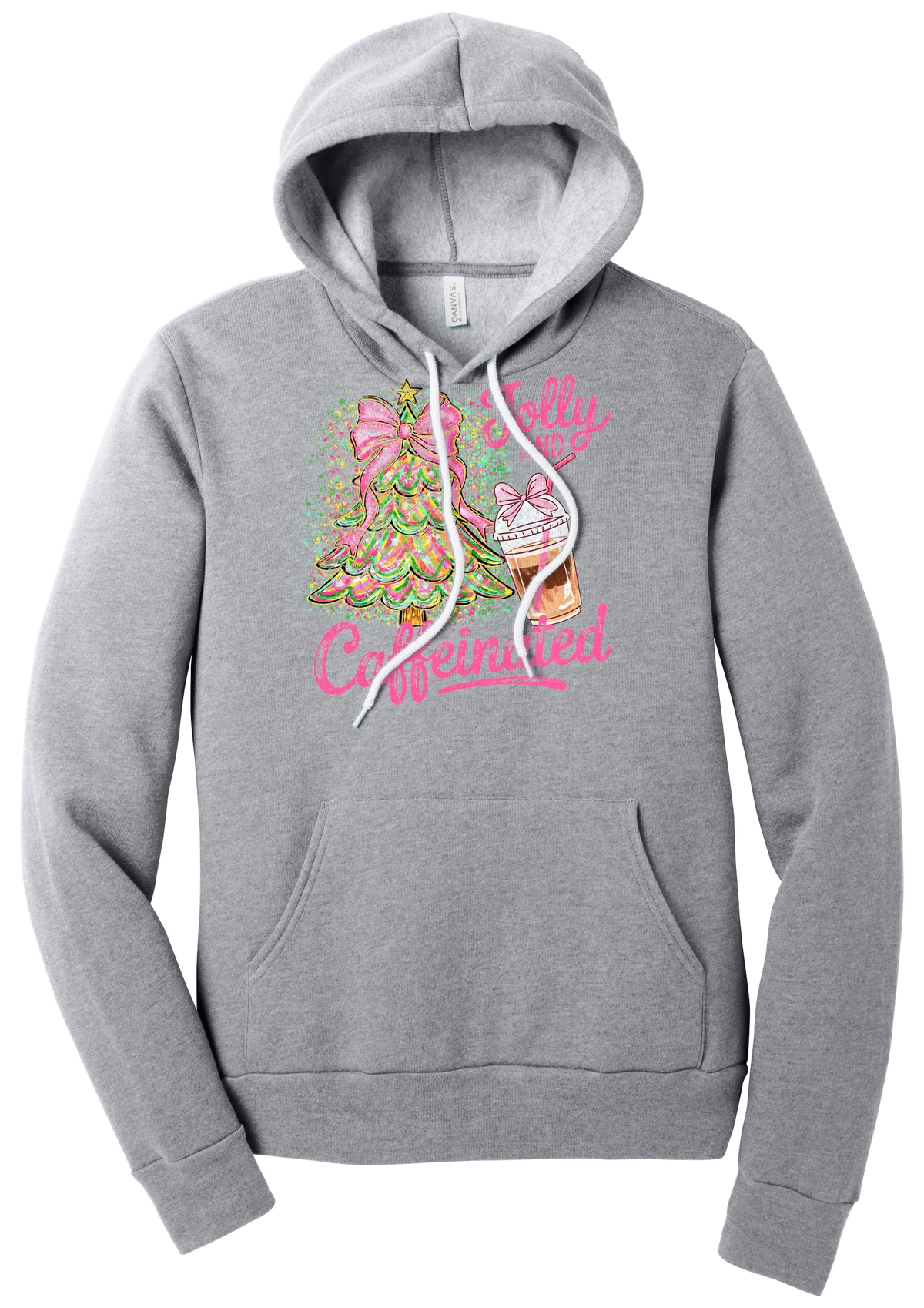 Jolly and Caffeinated hoodie in Athletic Heather, featuring a pink bow Christmas tree and an iced coffee with Jolly and Caffeinated script