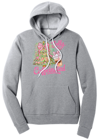 Jolly and Caffeinated hoodie in Athletic Heather, featuring a pink bow Christmas tree and an iced coffee with Jolly and Caffeinated script