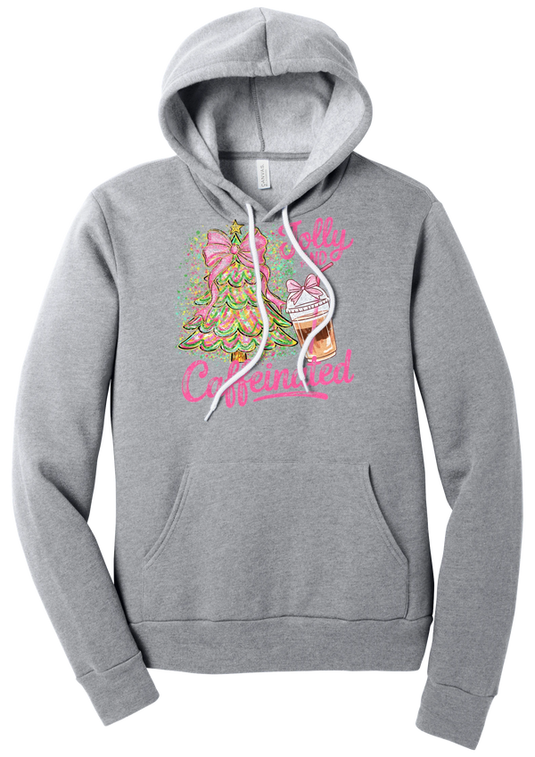 Jolly and Caffeinated hoodie in Athletic Heather, featuring a pink bow Christmas tree and an iced coffee with Jolly and Caffeinated script