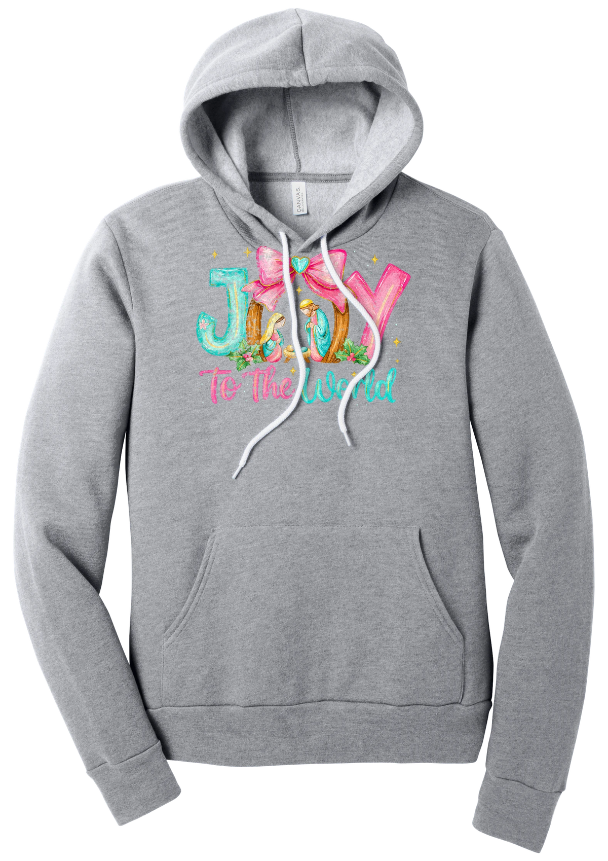 Joy to the World Nativity hoodie in Athletic Heather, featuring painted JOY letters framing a nativity scene with a pink bow and To The World script