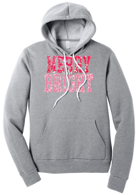 Merry and Bright Sequin hoodie in Athletic Heather, featuring varsity MERRY and BRIGHT letters with a pink and red sequin look
