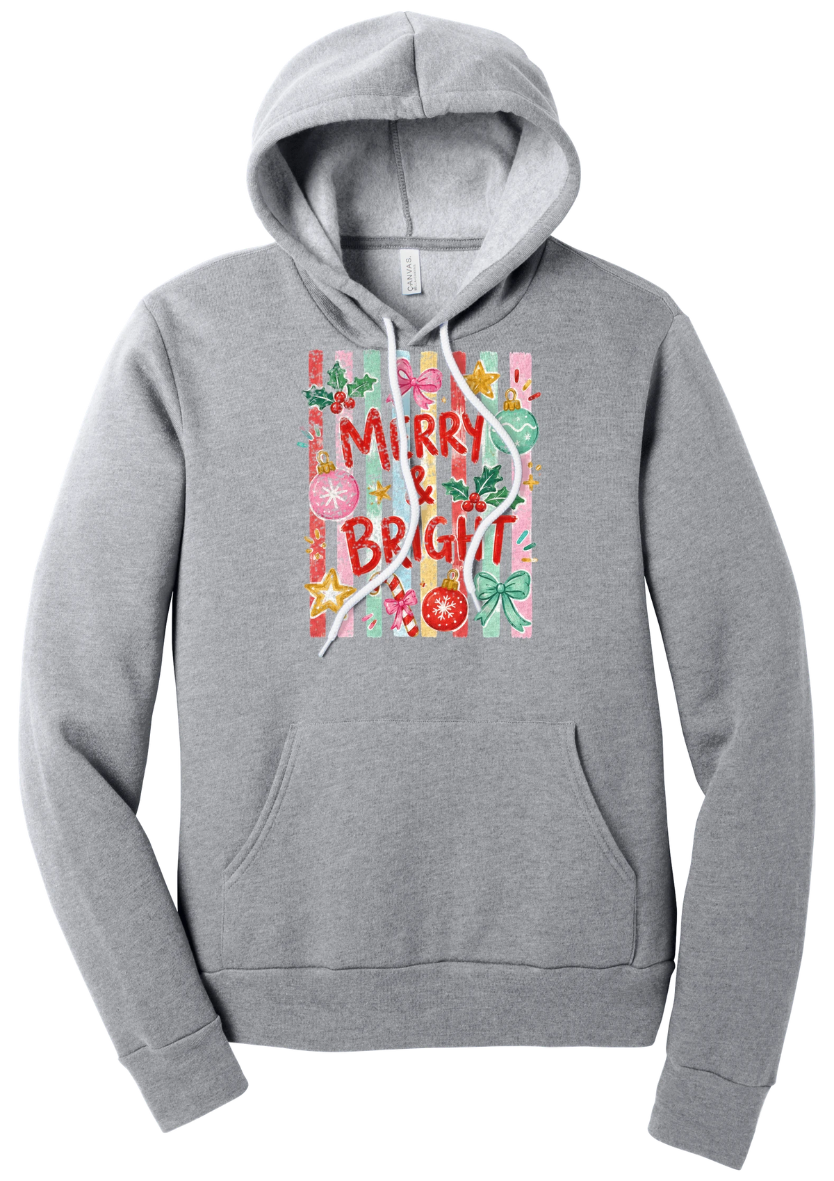 Merry and Bright Striped hoodie in Athletic Heather, featuring red MERRY and BRIGHT letters on pink and green stripes with ornaments and holly