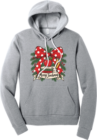 Merry Teachmas hoodie in Athletic Heather, featuring a red polka dot bow over a stack of books reading Teach, Inspire, Change with an apple, pencils, evergreen, and a Merry Teachmas banner