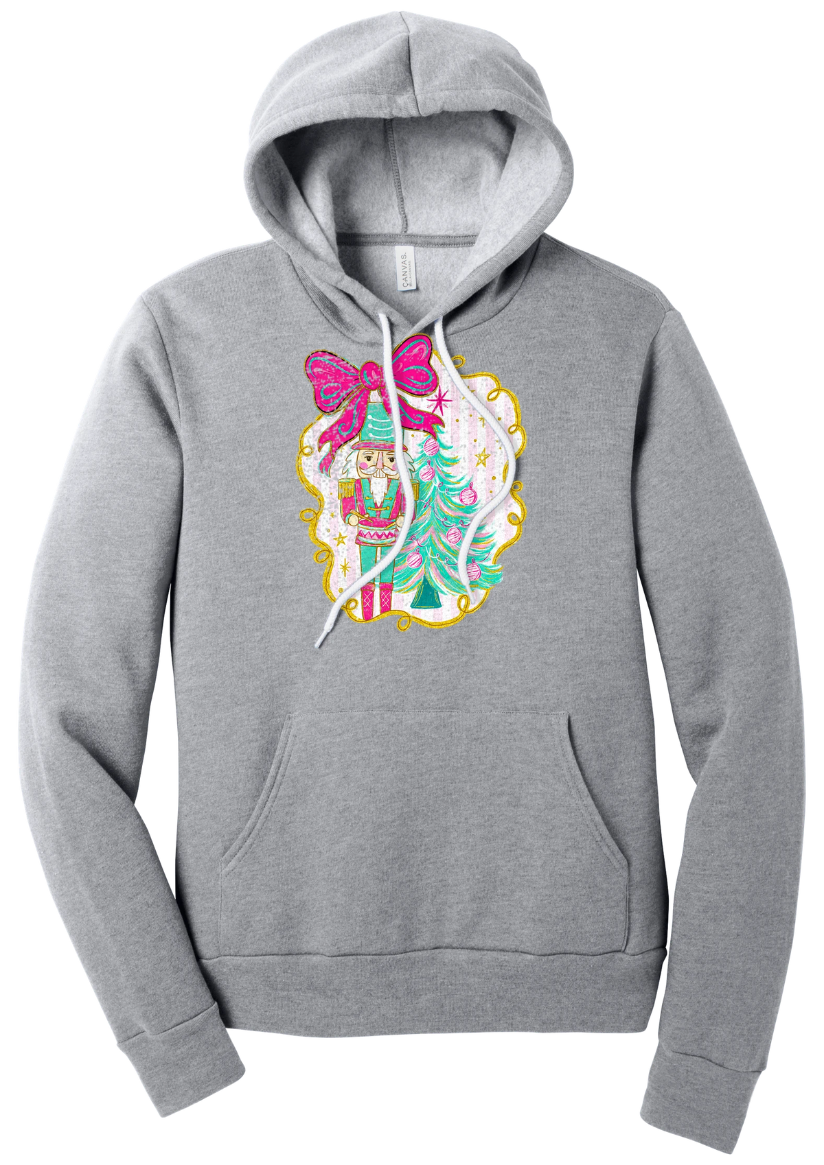 Nutcracker Bow hoodie in Athletic Heather, featuring a teal and pink nutcracker beside a tinsel tree under a big hot pink bow