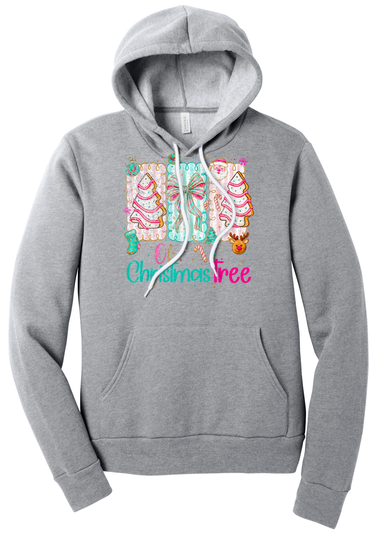 Oh Christmas Tree Cakes hoodie in Athletic Heather, featuring frosted Christmas tree snack cakes on pink and mint panels over Oh Christmas Tree lettering