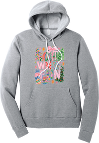 Oh What Fun hoodie in Athletic Heather, featuring hand-painted Oh What Fun letters with pink bows, whimsical Christmas trees, and ornaments