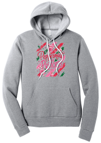 Peppermint Princess hoodie in Athletic Heather, featuring pink Peppermint Princess script with candy canes, a crown, and bows on red and green brush strokes