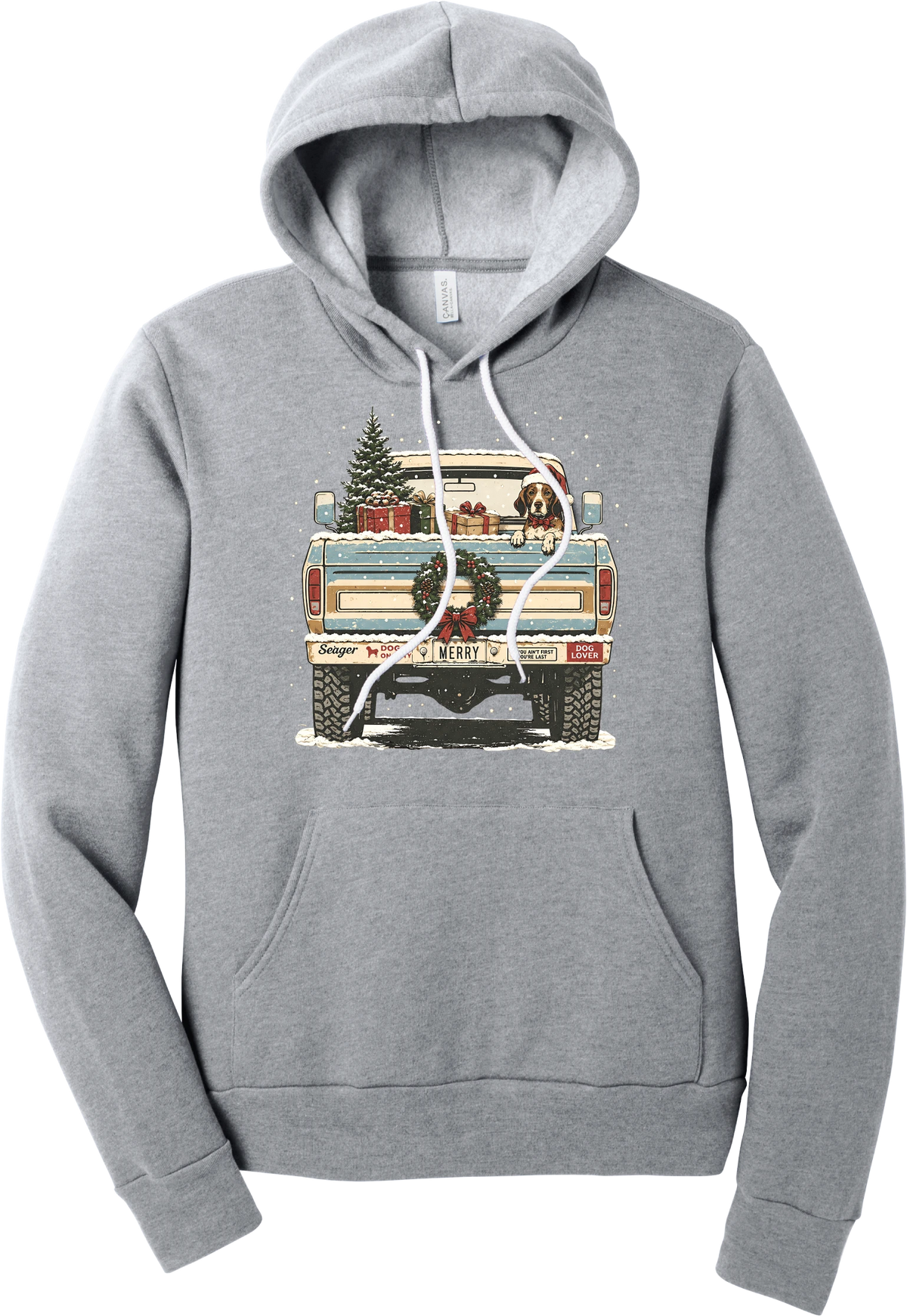 Christmas Pickup Truck with Dog hoodie in Athletic Heather, featuring a vintage pickup truck with a Christmas tree, wrapped gifts, a tailgate wreath, and a dog in a Santa hat