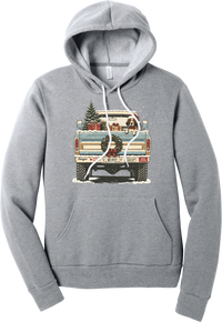 Christmas Pickup Truck with Dog hoodie in Athletic Heather, featuring a vintage pickup truck with a Christmas tree, wrapped gifts, a tailgate wreath, and a dog in a Santa hat