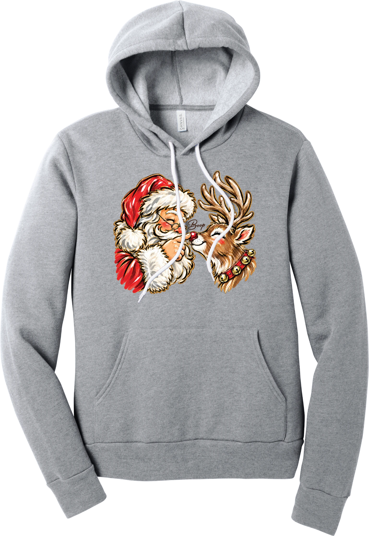 Santa and Rudolph Boop hoodie in Athletic Heather, featuring a hand-painted vintage Santa booping a smiling reindeer on its red nose