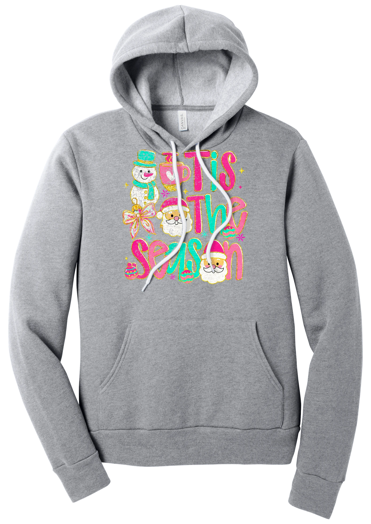 Tis the Season Snowman hoodie in Athletic Heather, featuring pink and teal TIS THE SEASON letters with a snowman, a cocoa mug, and Santas
