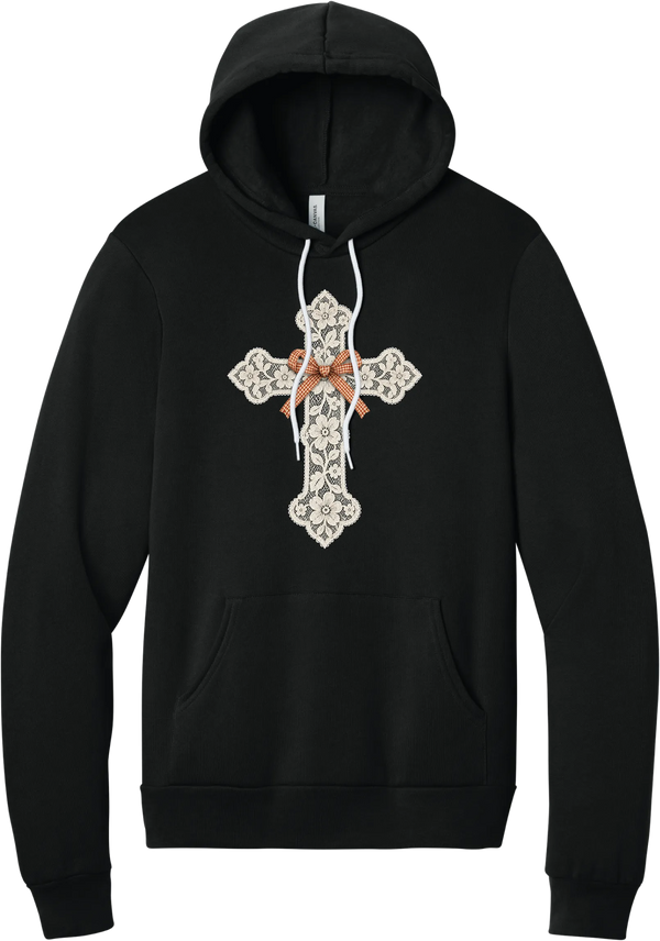 Vintage Lace Cross hoodie in Black, featuring a cream floral lace cross tied with an orange gingham bow