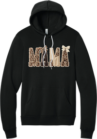 Mama Leopard Applique hoodie in Black, featuring MAMA spelled out in leopard, cream, and chocolate patches with a scalloped stitched applique look and two bows