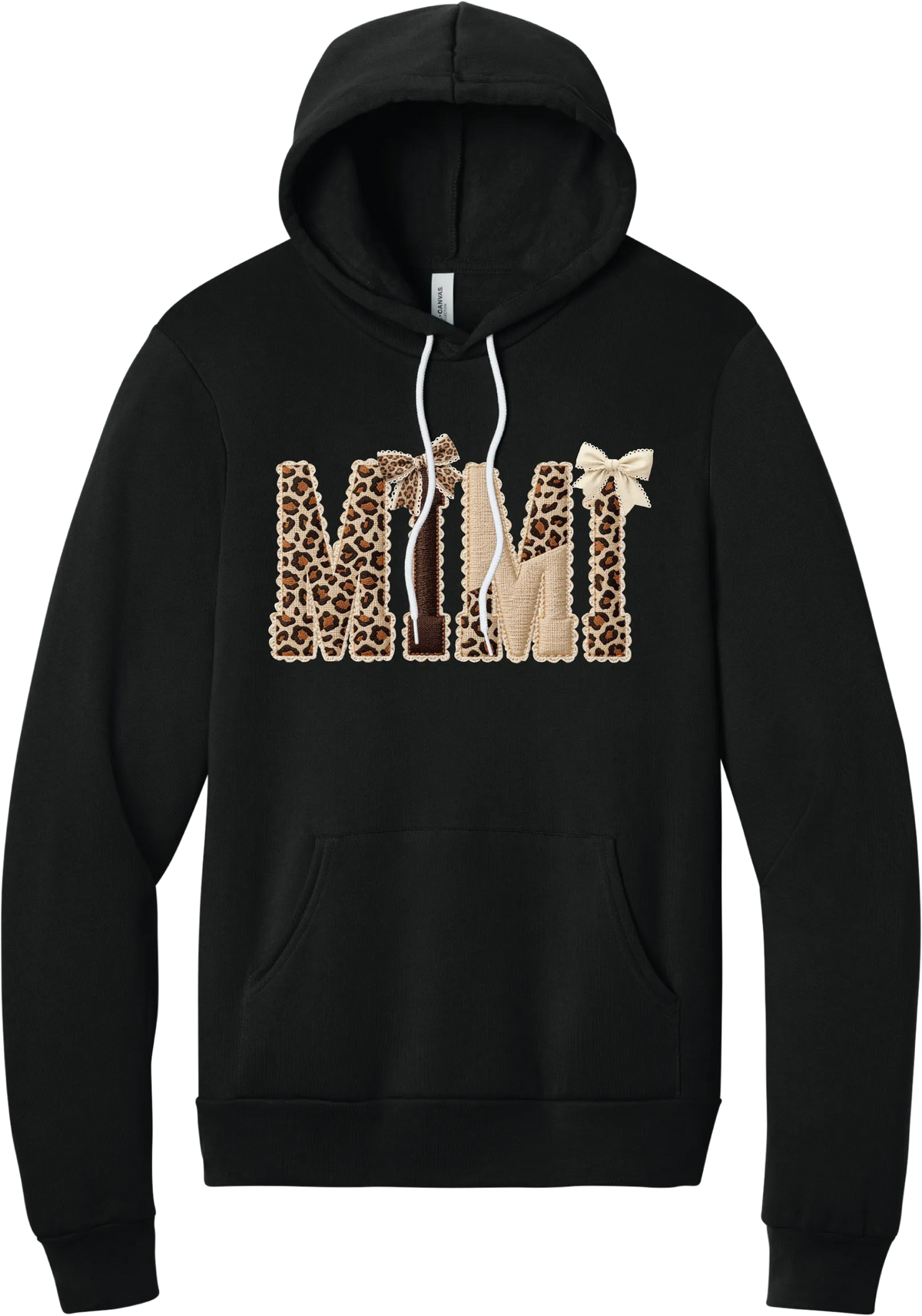 Grandma Leopard Applique hoodie in Black, featuring MIMI spelled out in leopard, cream, and chocolate patches with a scalloped stitched applique look and two bows