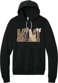 Grandma Leopard Applique hoodie in Black, featuring MIMI spelled out in leopard, cream, and chocolate patches with a scalloped stitched applique look and two bows