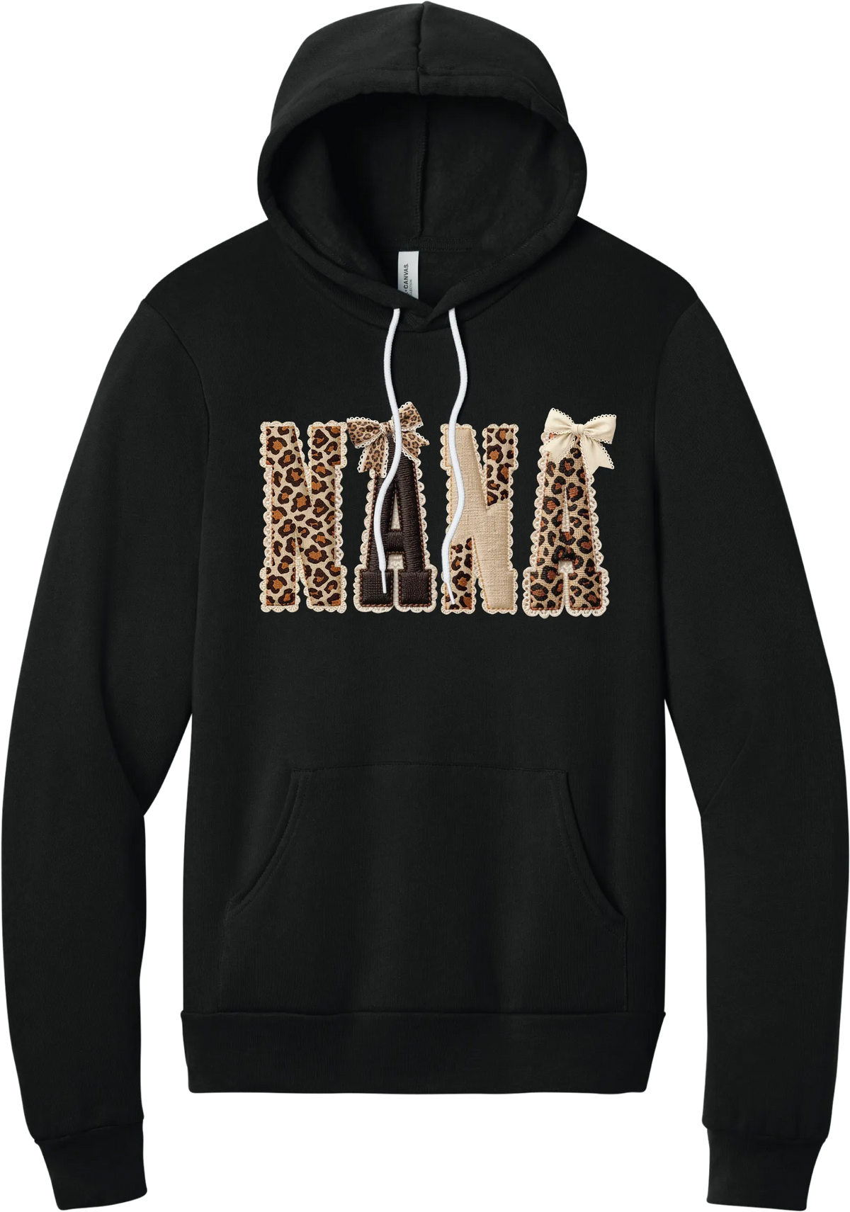 Grandma Leopard Applique hoodie in Black, featuring NANA spelled out in leopard, cream, and chocolate patches with a scalloped stitched applique look and two bows