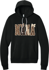 Grandma Leopard Applique hoodie in Black, featuring NANA spelled out in leopard, cream, and chocolate patches with a scalloped stitched applique look and two bows