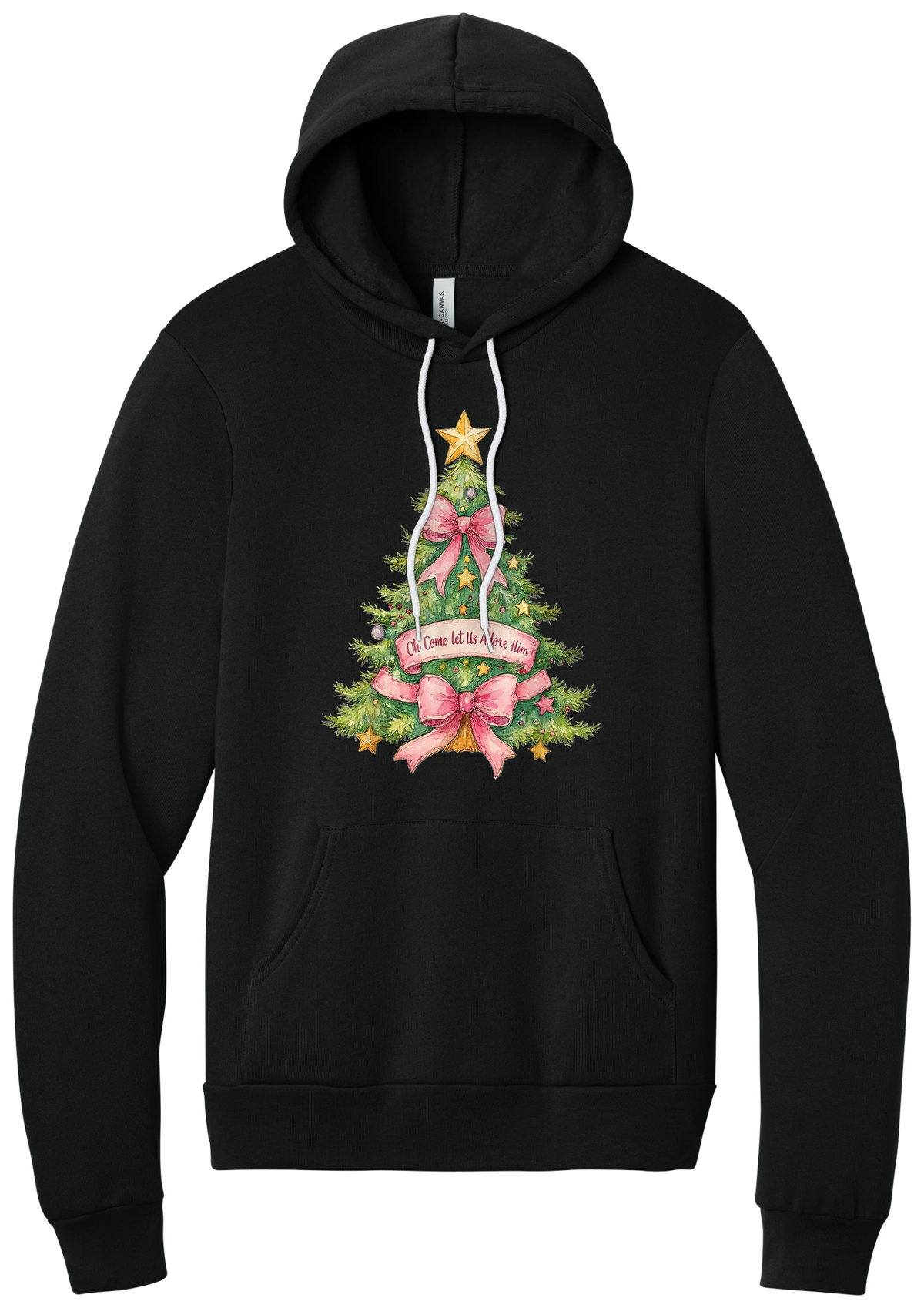 Adore Him Bow Tree hoodie in Black, featuring a green Christmas tree with pink bows, a gold star, and an Oh Come Let Us Adore Him banner