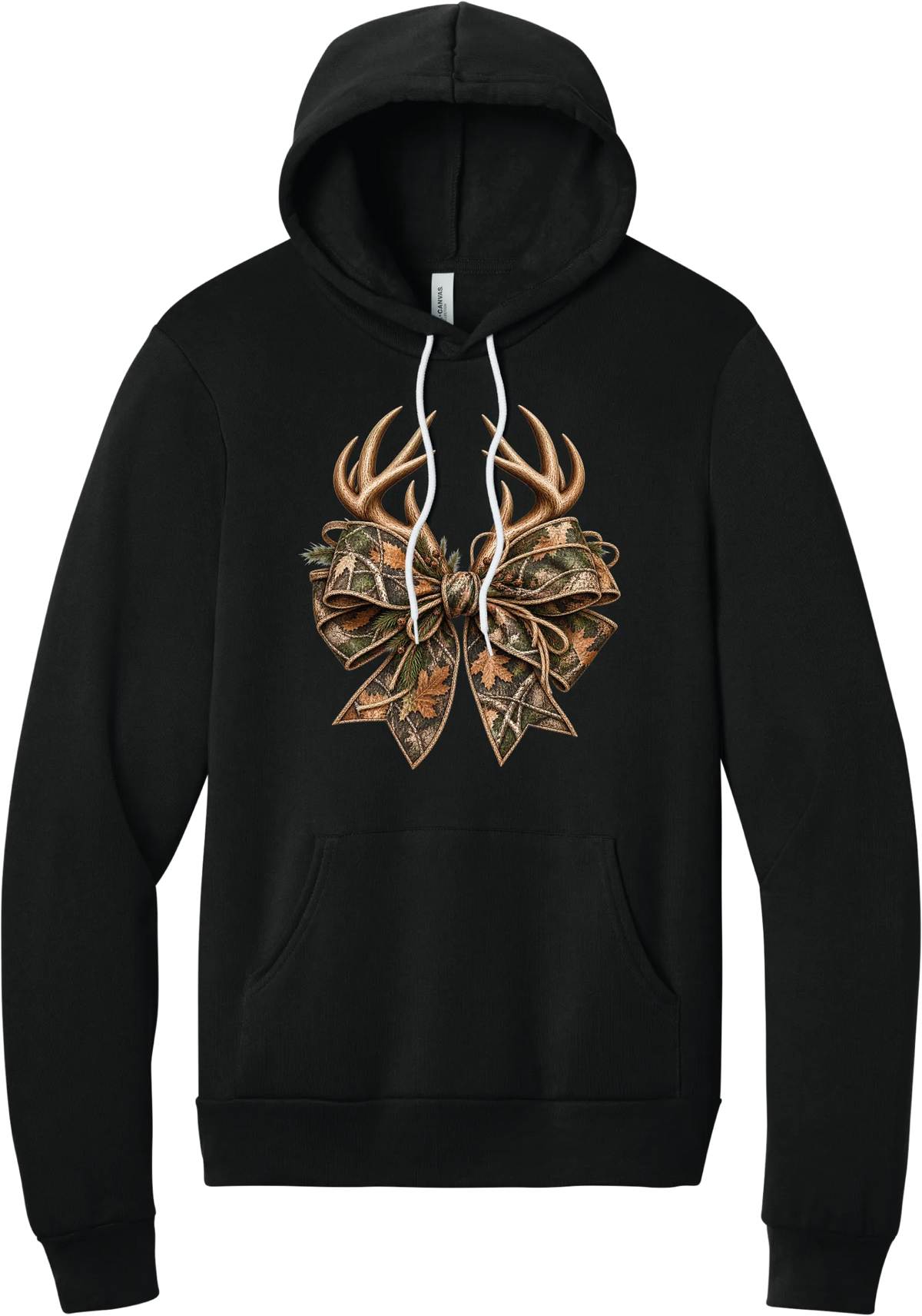 Coquette Antlers hoodie in Black, featuring deer antlers tied with an oversized camo bow, twine, and autumn leaves