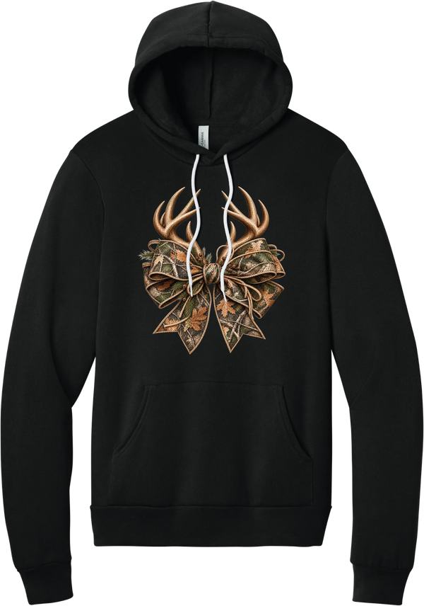 Coquette Antlers hoodie in Black, featuring deer antlers tied with an oversized camo bow, twine, and autumn leaves