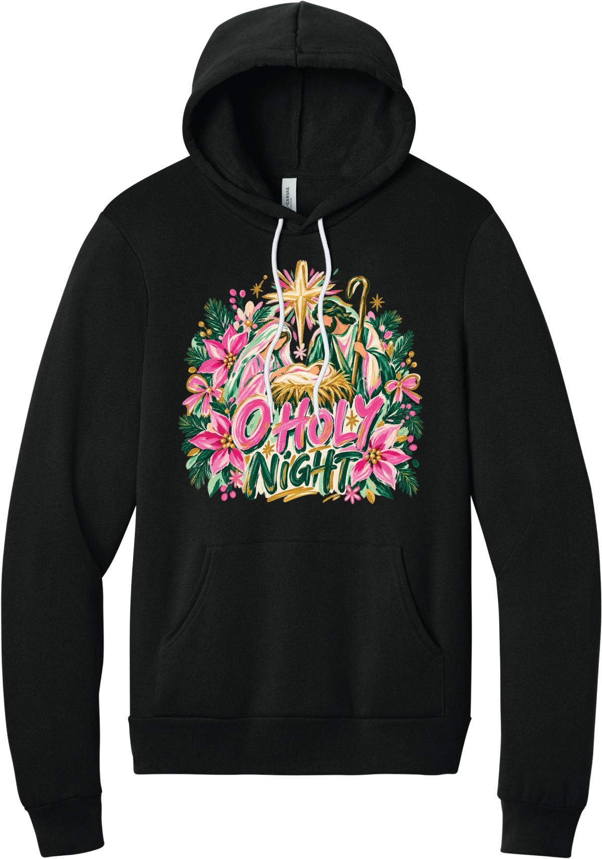 Artful O Holy Night hoodie in Black, featuring a painted nativity under the star of Bethlehem with O Holy Night lettering framed by pink poinsettias and evergreen