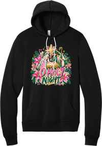 Artful O Holy Night hoodie in Black, featuring a painted nativity under the star of Bethlehem with O Holy Night lettering framed by pink poinsettias and evergreen