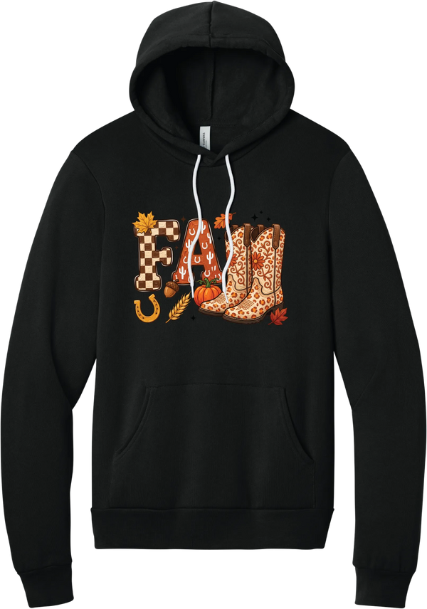 Boot Weather hoodie in Black, featuring patchwork FALL letters with cowgirl boots, a pumpkin, and a horseshoe