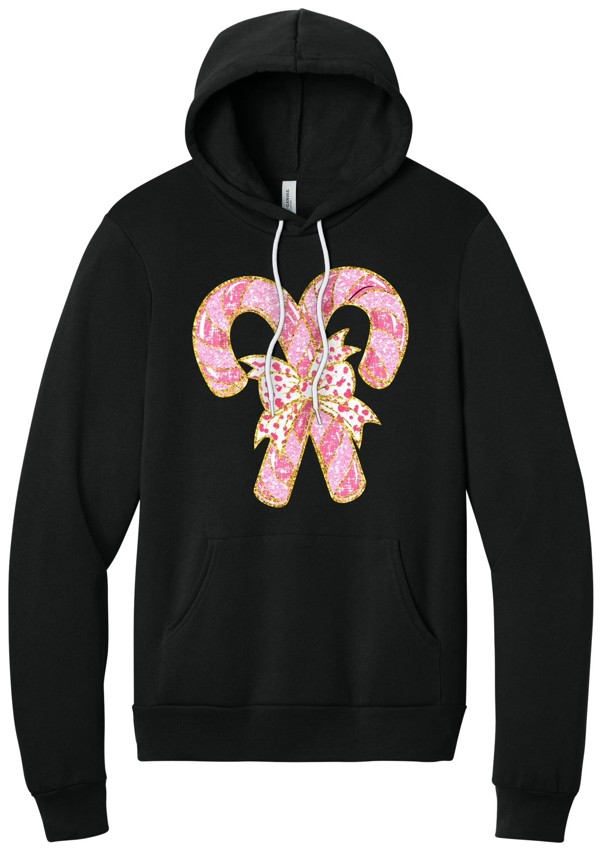Candy Cane Bow hoodie in Black, featuring two pink glitter candy canes tied with a leopard heart bow and gold trim