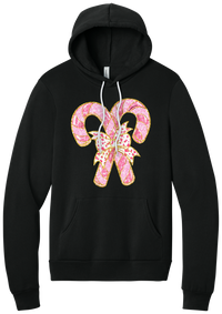 Candy Cane Bow hoodie in Black, featuring two pink glitter candy canes tied with a leopard heart bow and gold trim