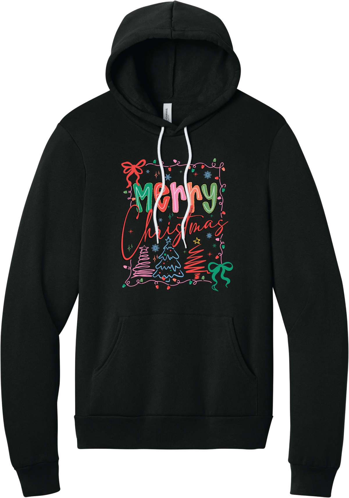 Coquette Merry Christmas Outline hoodie in Black, featuring Merry Christmas bubble letters and script framed by string lights, coquette bows, and sketched Christmas trees