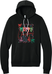 Coquette Merry Christmas Outline hoodie in Black, featuring Merry Christmas bubble letters and script framed by string lights, coquette bows, and sketched Christmas trees