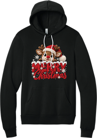 Crocheted Rudolph Merry Christmas hoodie in Black, featuring a crochet-style reindeer in a Santa hat peeking over knit-texture Merry Christmas lettering with snowflakes
