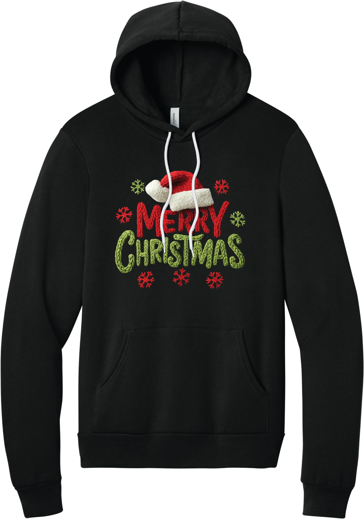 Crocheted Santa Hat Merry Christmas hoodie in Black, featuring a knit Santa hat over chunky red and green knit-texture Merry Christmas lettering with crochet snowflakes