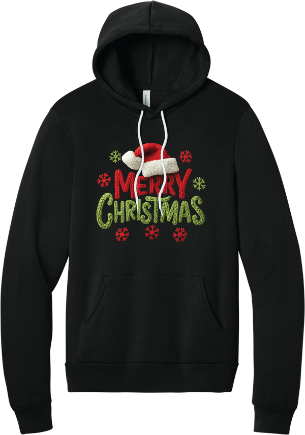 Crocheted Santa Hat Merry Christmas hoodie in Black, featuring a knit Santa hat over chunky red and green knit-texture Merry Christmas lettering with crochet snowflakes
