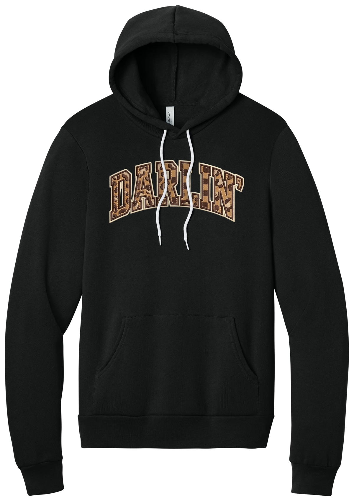 Darlin' hoodie, Checker Outline design, in Black, featuring arched varsity DARLIN' letters filled with leopard and checker print