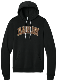 Darlin' hoodie, Checker Outline design, in Black, featuring arched varsity DARLIN' letters filled with leopard and checker print