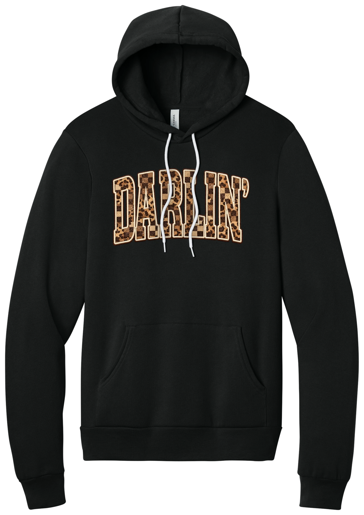 Darlin' hoodie, Leopard Checker design, in Black, featuring arched varsity DARLIN' letters filled with leopard and checker print