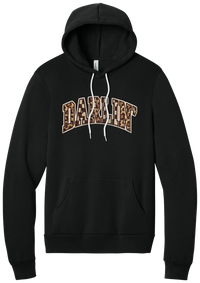 Darlin' hoodie, Patchwork design, in Black, featuring arched varsity DARLIN' letters filled with leopard and checker print