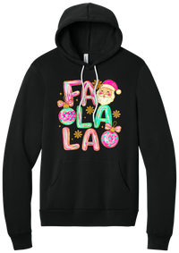 Fa La La Santa hoodie in Black, featuring puffy pastel FA LA LA letters with a smiling Santa, daisies, and ornaments