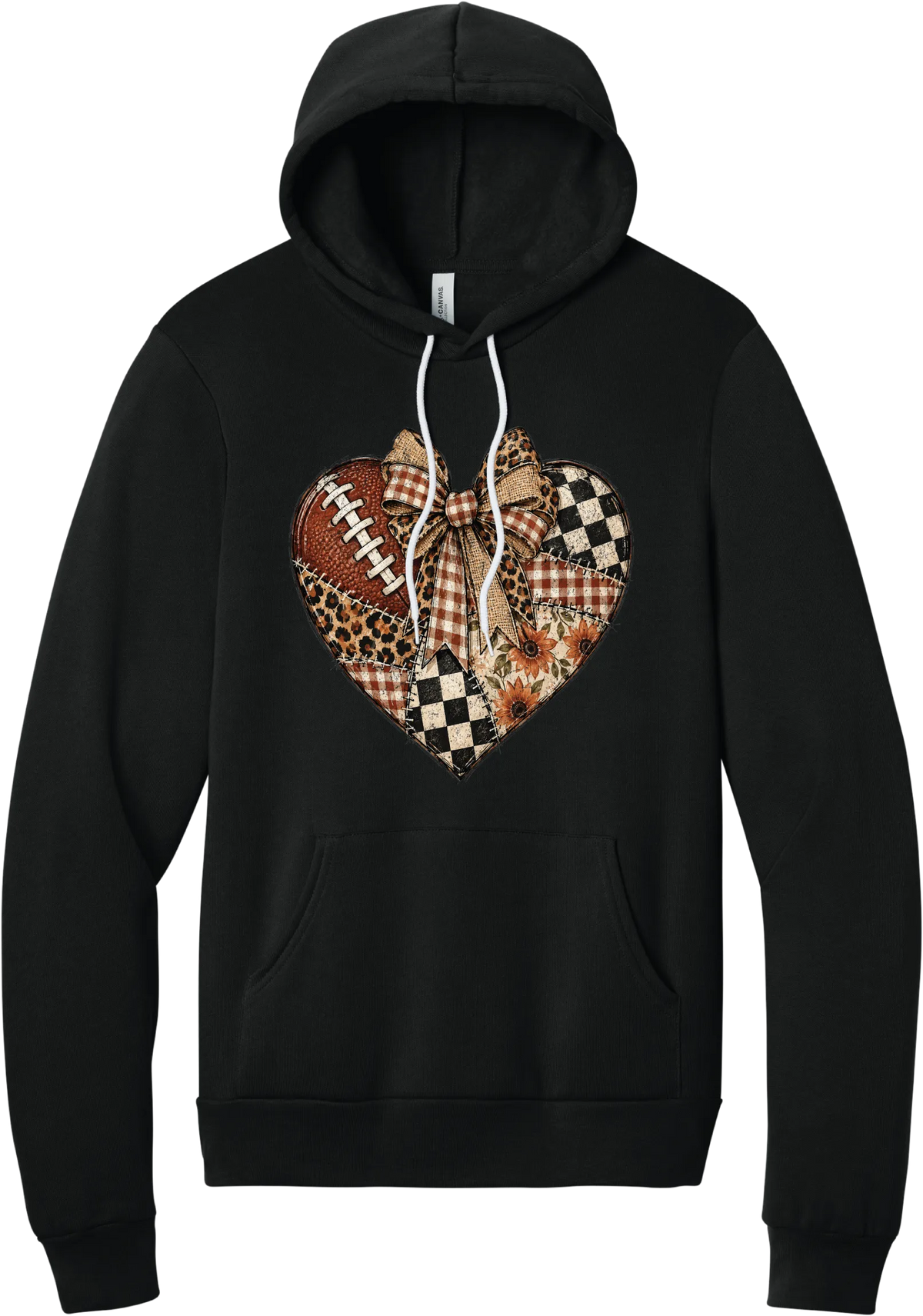 For the Love of Football hoodie in Black, featuring a patchwork heart in leopard, plaid, and checkerboard with a football and a cream bow