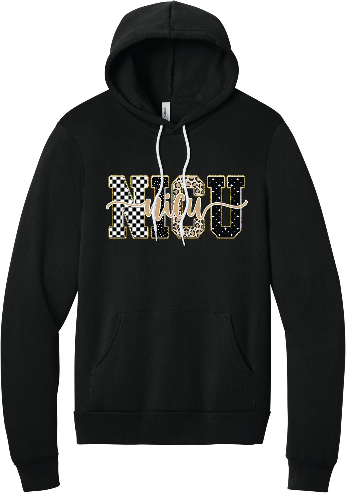 Glitzy Patterned NICU hoodie in Black, featuring NICU block letters in checkerboard, polka dot, leopard, and starry patterns with a gold glitter outline and nicu script